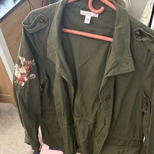 Women's Green Utility Jacket with Floral Embroidery